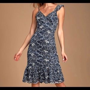 Lulu’s Fleur Allured Navy Blue Lace Midi Dress New